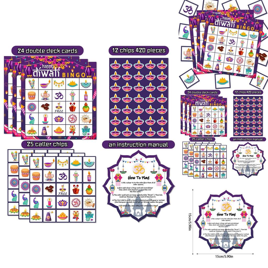 Diwali Festival Bingo Card Game Set With Stickers Call Cards For Family Celebration