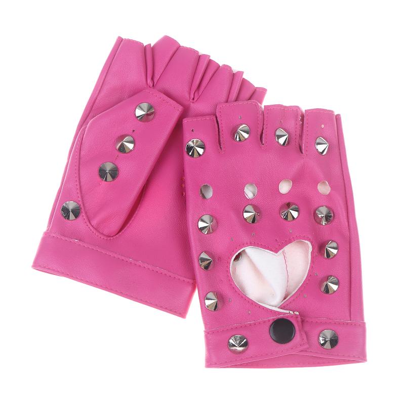 

Stage Performance Leather Women Man Half-Finger Rivet Gloves Nightclub Dance Fashion Punk Hip-Hop Half Finger Mittens Rose red