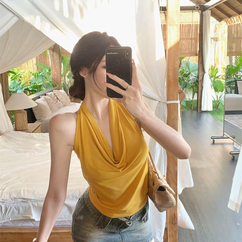 Spicy Girl Sleeveless Draped Halter Red Tank Top - Women's Slim Fit, Flattering & Versatile Summer Style