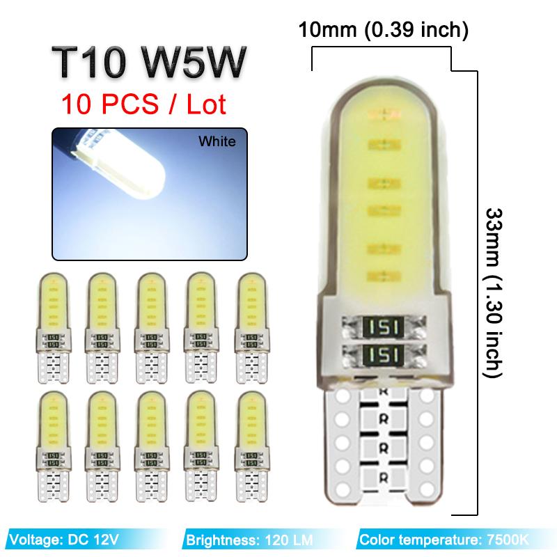

10 шт. Светодиодные лампы T10 W5W COB 12V 7500K Белый Автомобильные клиновидные боковые сигнальные огни Подсветка салона Дверные купольные лампы Багажника Лампы номерного знака Силиконовые T10