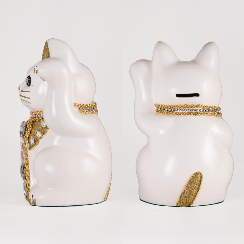 Lucky Cat Jewelry Cat Left Paw Raised Ceramic Lucky Cat Maneki Neko Feng Shui Ornament Offering Box (L-SIZE White) / - (Lucky Cat) - - (jw_L White)