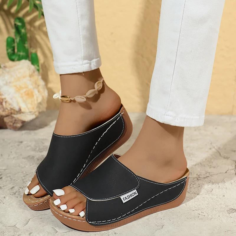 Fashion Summer Soft Platform Slippers Women 2025 Fashion Peep Toe Wedges Flip Flops Woman Light Med Heel Non-Slip Beach Shoes Slides