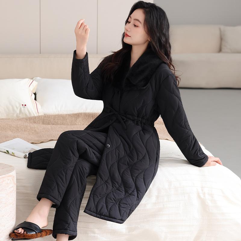 Pajamas Women'S Winter Down Cotton Three-Layer Thickened Fleece Clip Padded Jacket Warm Large Size Medium And Long Loungewear Set