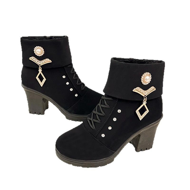 Autumn new boots rhinestone wool mouth high heel thick heel large size fashion boots shoe zipper
