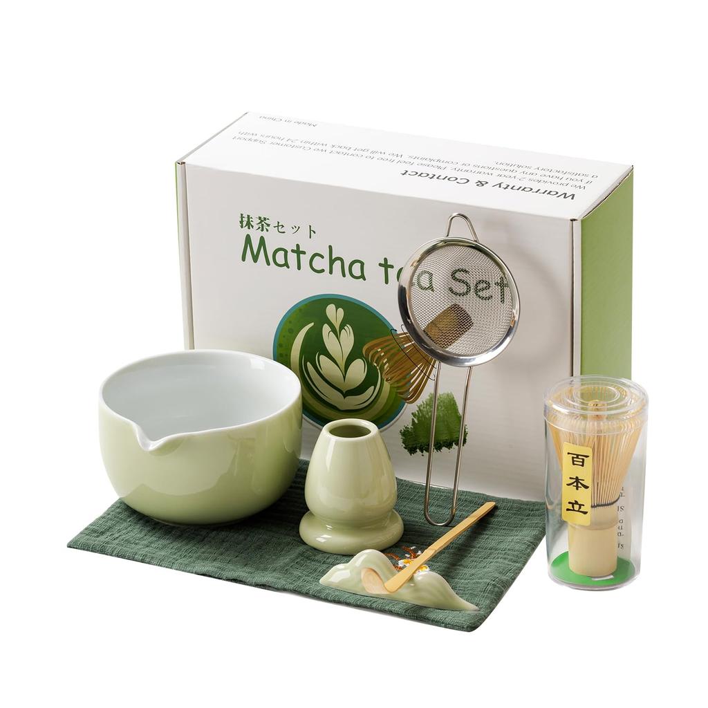 7-Piece Matcha Tea Ceremony Set (Matcha Green) for Beginners, Includes Bamboo Chasen (100-Standing) Chasen Stand, Chawan (Tea Bowl), Chashaku (Tea