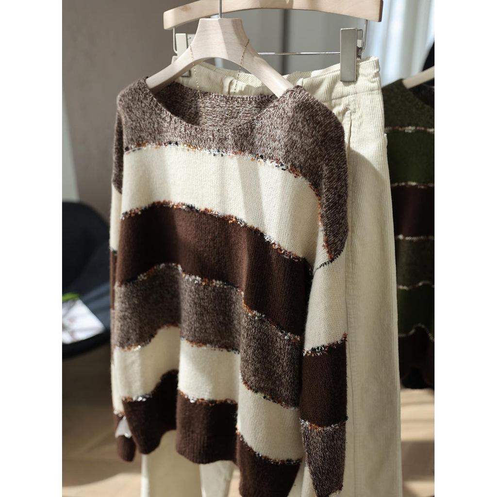 Matcha Chocolate Cashmere Wool Color Block Striped Knit Sweater - Women's Autumn Fashion