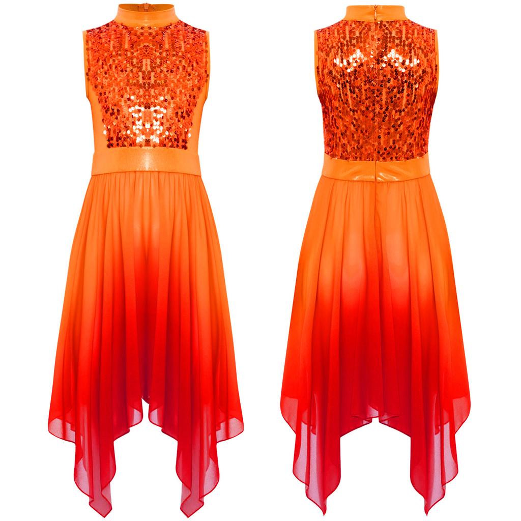 Girls Liturgical Dance Dress - Sleeveless Mock Neck Tunic with Asymmetrical Hem & Shiny Sequins for Worship Performance