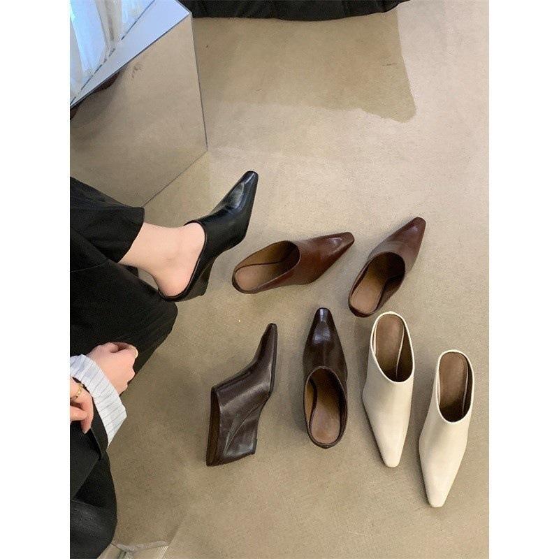 European and American bag head half slippers women's small square head wedge heel high heel sandals fashion wear thick heel lazy muller shoes