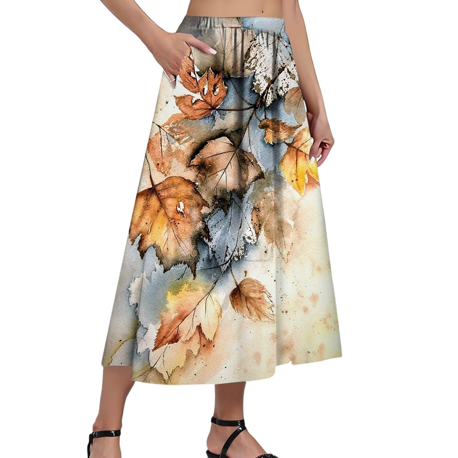 

Ladies Casual Fashion Printed Skirt Elasticated Loose Pocket Pleated Half-body Skirt (With Side Pocket) L