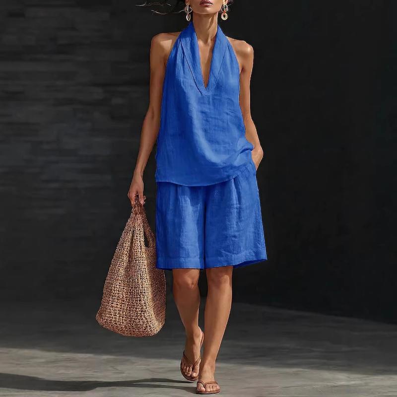 Women's V-neck Vest Shorts Holiday Casual Two-piece Set