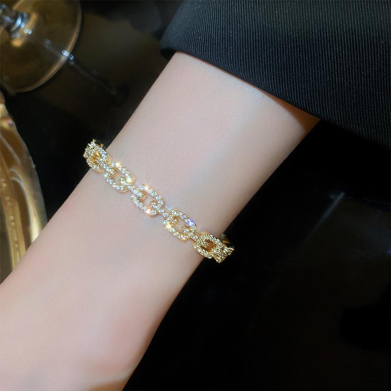 High-End Gold-Plated Zircon Open Bangle: Elegant, Shiny Bracelet Fashion Jewelry