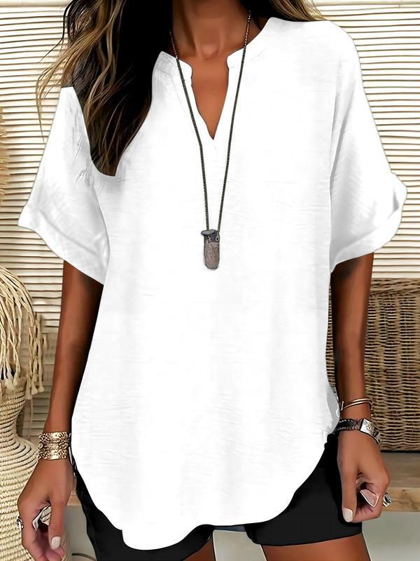 Women's Summer Loose Solid V-Neck Casual Shirt