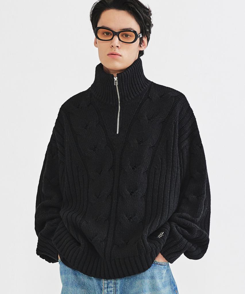 FALLETT Lambswool Cable Knit Half Zip Black