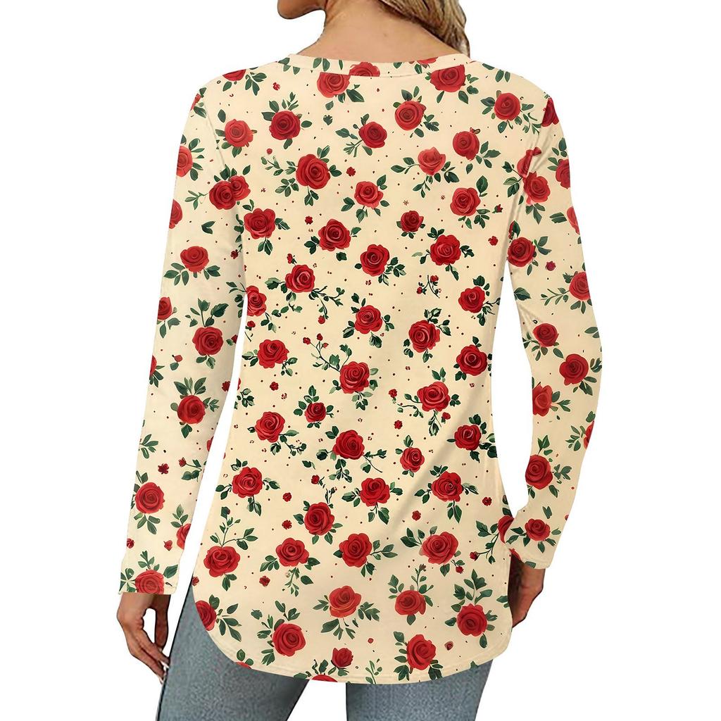 Women's Loose Round Neck Print Long Sleeve T-Shirt Top Pullover