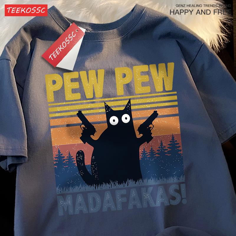 Pew Pew Madafakas Doppelpistole Katze Kurzarm Übergroße Atmungsaktive T-Shirts Baumwolle Sommerkleidung Street Casual T-Shirt Männer