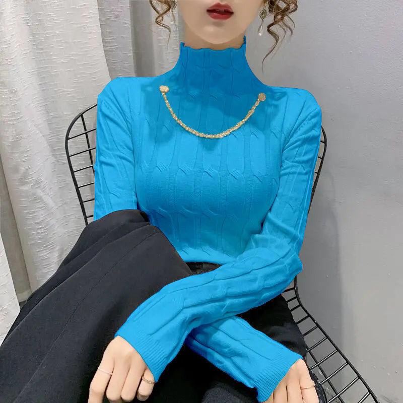 

Осень/зима женский свитер с высоким воротником, облегающий эластичный вязаный низ, пуловер с длинными рукавами, вязаный свитер с верхом и низом 2XL озеро синий