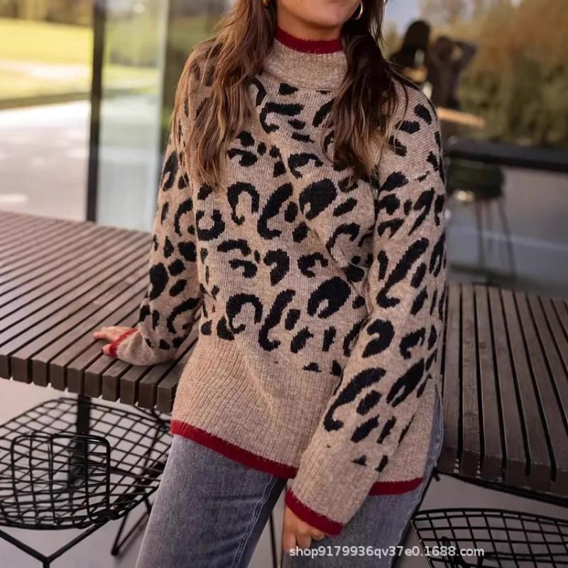 Womens Winter Leopard Print Half Turtleneck Knit Sweater Loose Fit Long Sleeve Casual Pullover