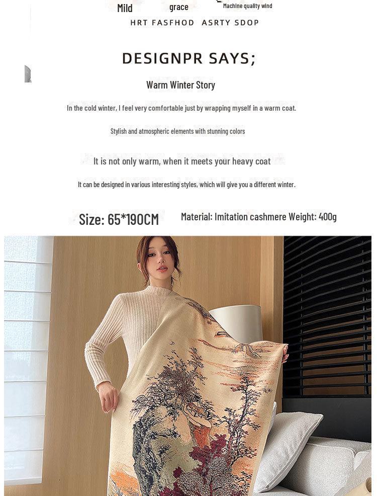 Ethnic Style Landscape Oil Painting Scarf - Autumn/Winter Fashion for Female Students, Warm Imitation Cashmere Shawl