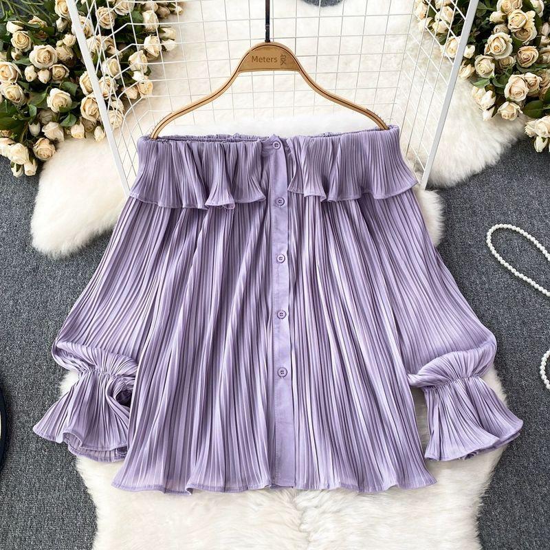 

Special-Interest Design Ruffles Long Sleeve Loose Top Shirt Purple One size