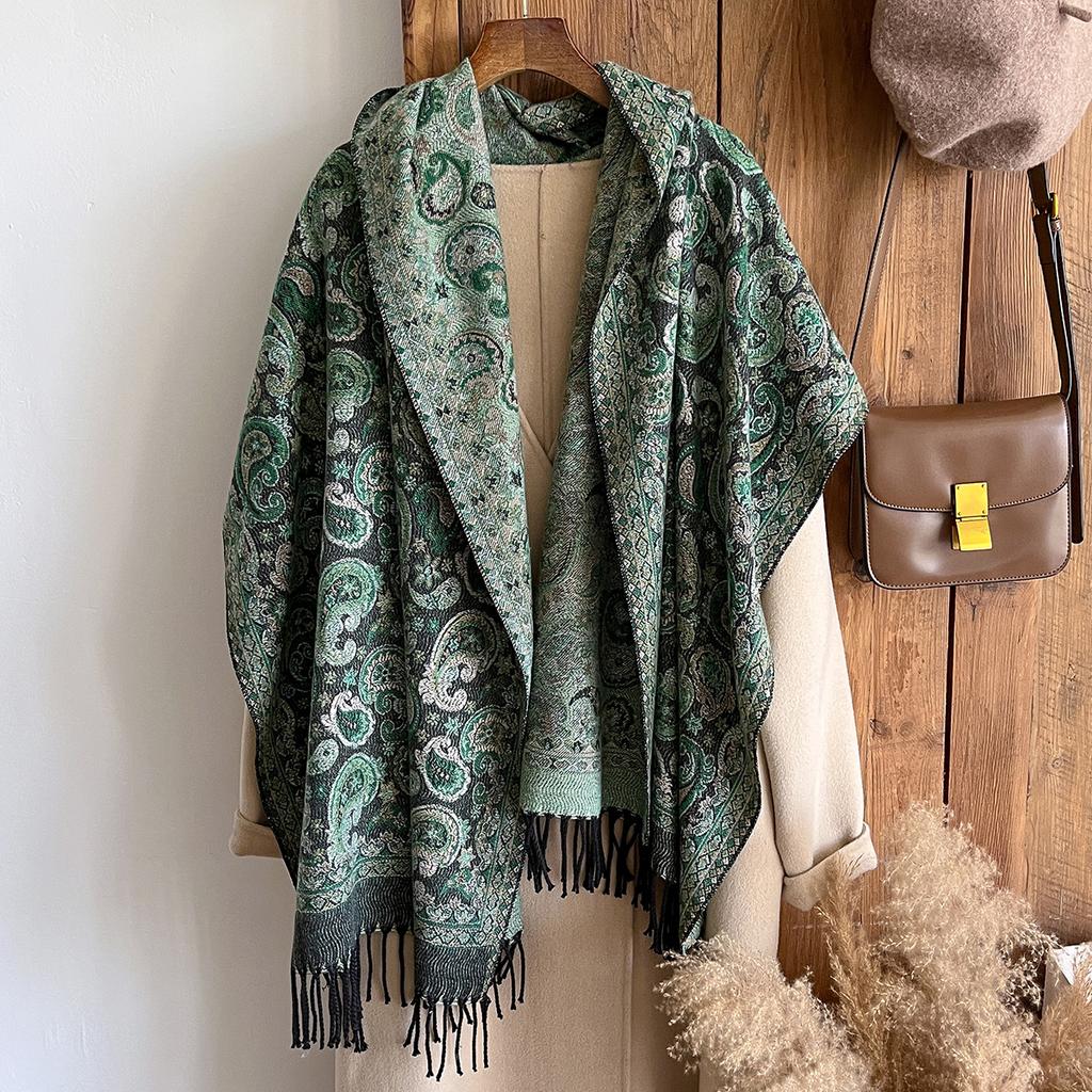 Modischer Warmer Kaschmirschal für den Winter - Damen-Fransen-Vintage-Blumen-Ölgemälde-Druck-Pashmina-Dicker Schal & Poncho