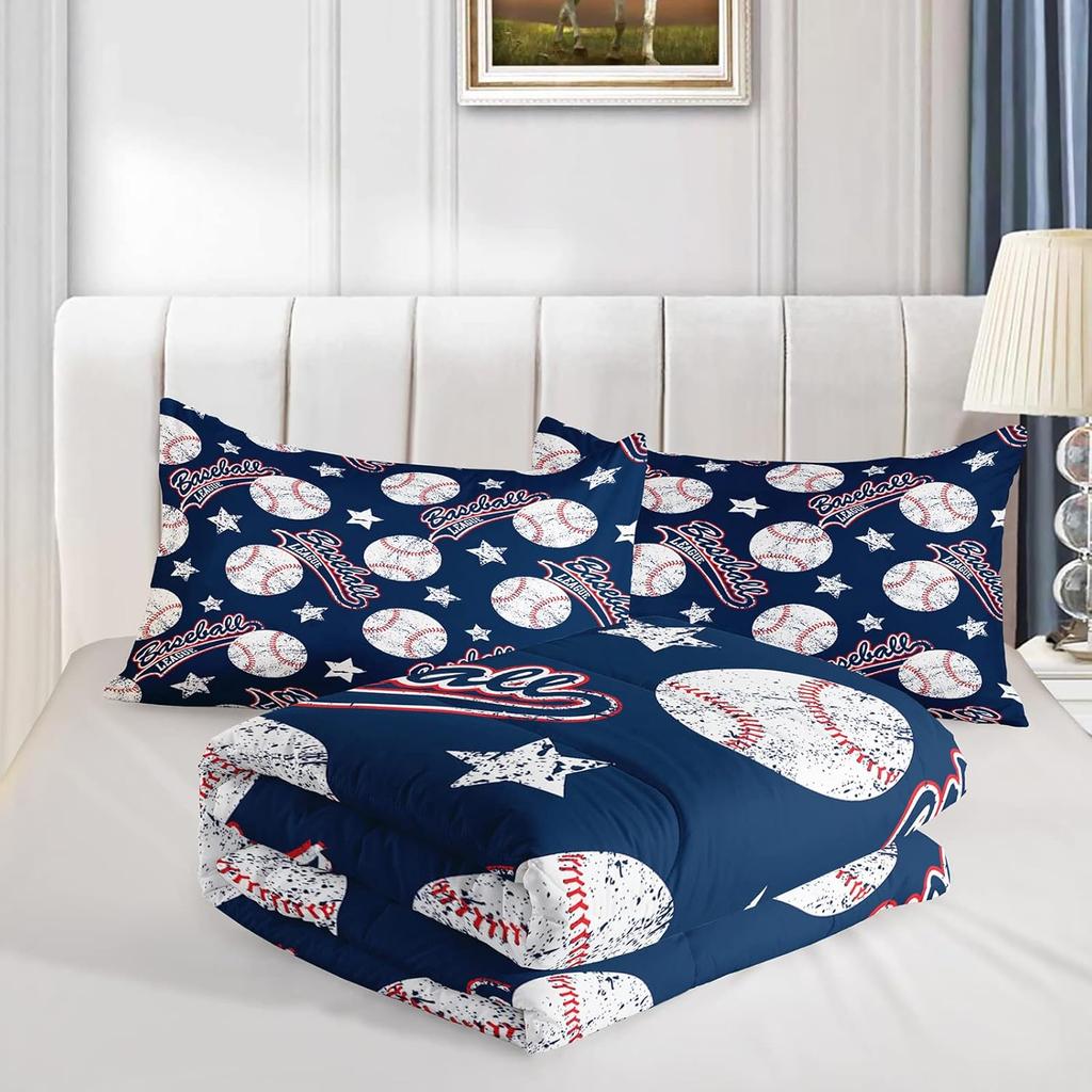 3D Baseballs Full Size,Blue Baseball Kids Bedding Set,3Pcs Bedding Set Printed 1duvet Cover with 2 Pillowcases