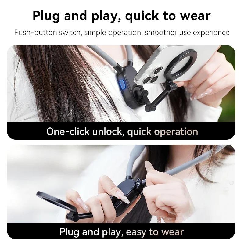 Přenosný držák na telefon na krk s magnetickým rychloupínacím držákem s více úhly, nastavitelný, vhodný pro chytré telefony s iOS a Androidem