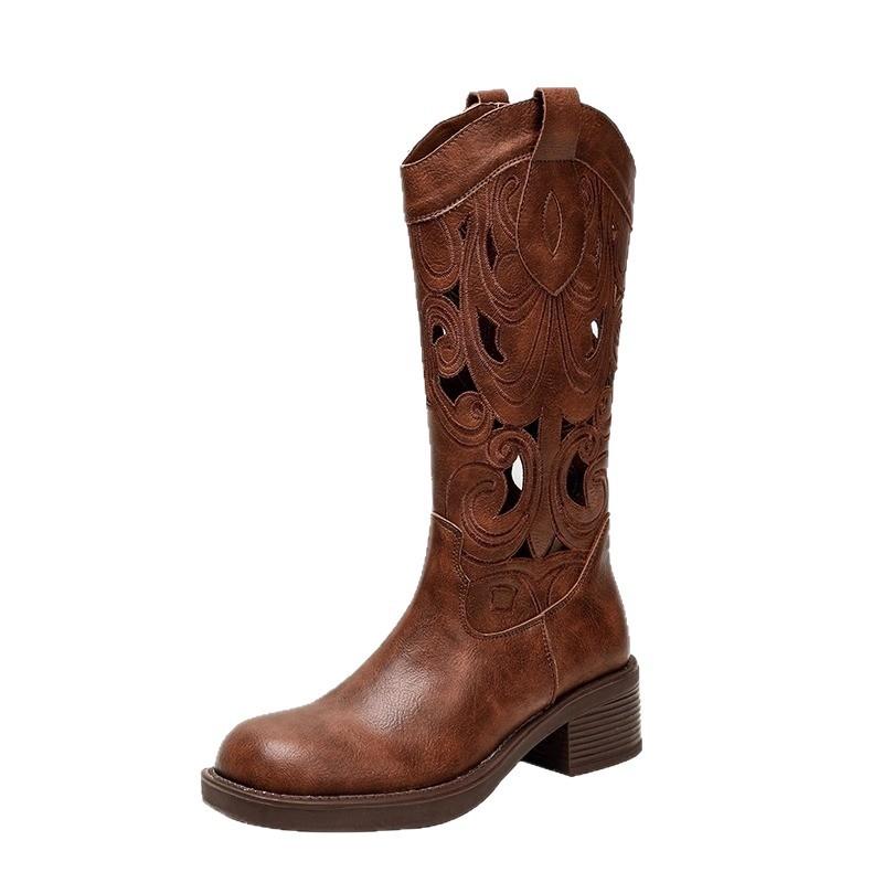 Embroidery v-mouth thick-soled thick-heeled western cowboy boots women's 2025 new retro square head hollow Martin boots medium boots