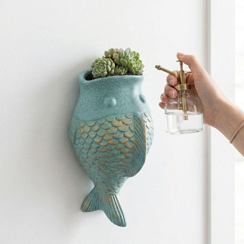 Adornos de Peces Estilo Rústico Macetero de Pared sin Taladro Cerámica Floral Decorativa Única Exterior