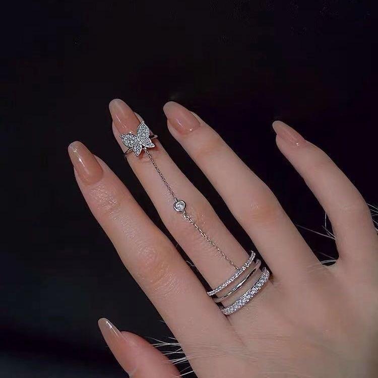 Double Finger Chain Rings for Women Ring Set Tassel Butterfly Cross Punk Rings Jewelry Ladies Fashion HipHop Jewelry