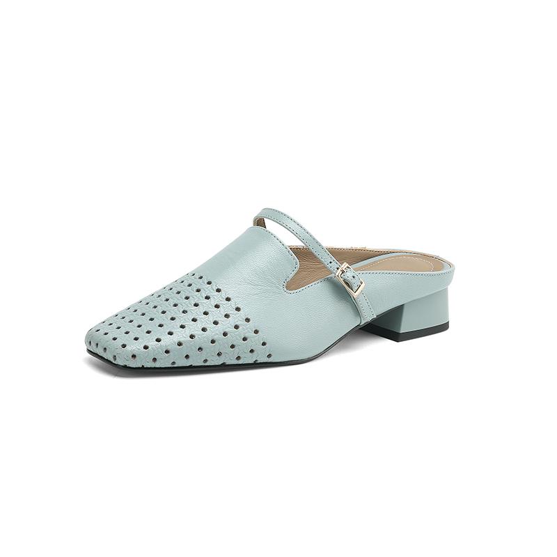 

Мода 2025 Лето Женская обувь Натуральная кожа Квадратный носок Женские сандалии Сквозные дышащие сандалии для женщин Массивный каблук Мюли 40 светло-синий