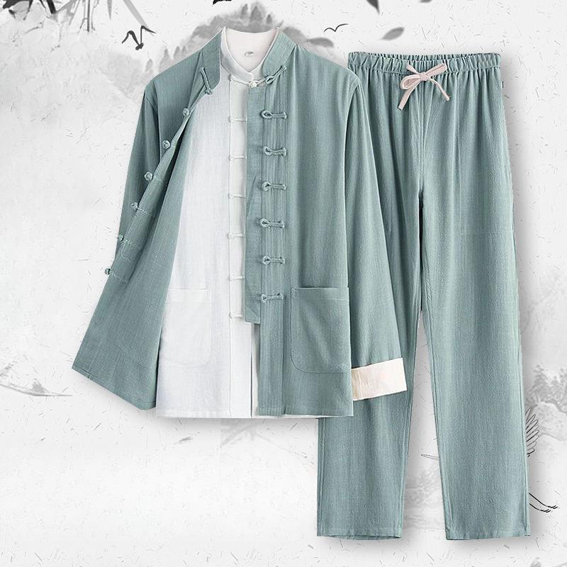 

Spring Autumn Ethnic Costume Hanfu Tang Suit Three-piece Suit Men s Cotton and Linen Ancient Costume Suit Meditation Suit Chinese Style XXXXXL