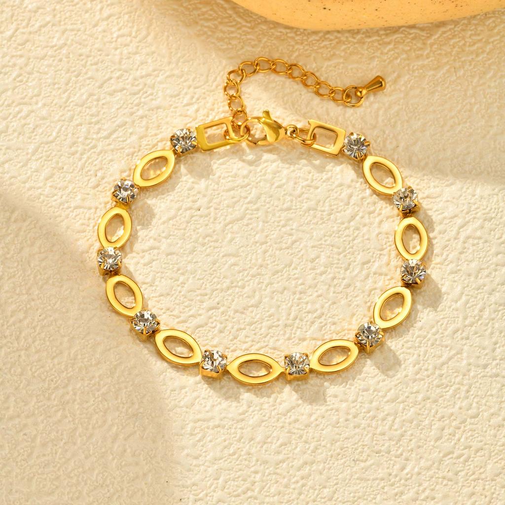 Elegant White Cubic Zircon Charm Bracelet,Women's Hollow Elliptical Handmade Chain Bracelet,Gold Color Stainless Steel Bracelets