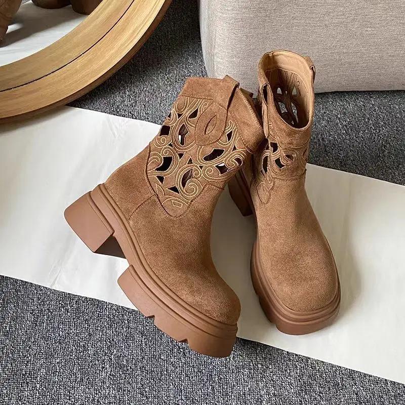 Fashion Retro Round Toe Hollow Women's Half High Boots Comfortable and Elegant Chic Sale New Rock Cosplay 2025 Y2k Ladies Mid Calf Shoes
