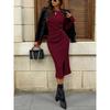 Women's Solid Color Round Neck Belted Slit Hem Midi Dress Casual Long Sleeve Shift Office Autumn