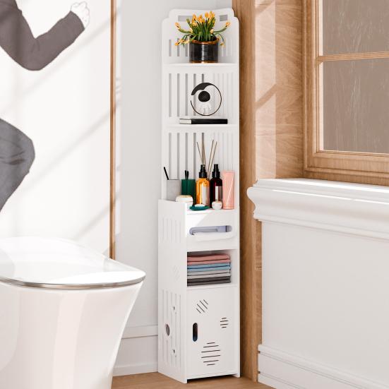 Small Bathroom Storage Cabinet Cabinet, Over The Toilet for Skinny Rack Corner Floor, Narrow with Paper Dispenser, Trash Can & Shelves (White)