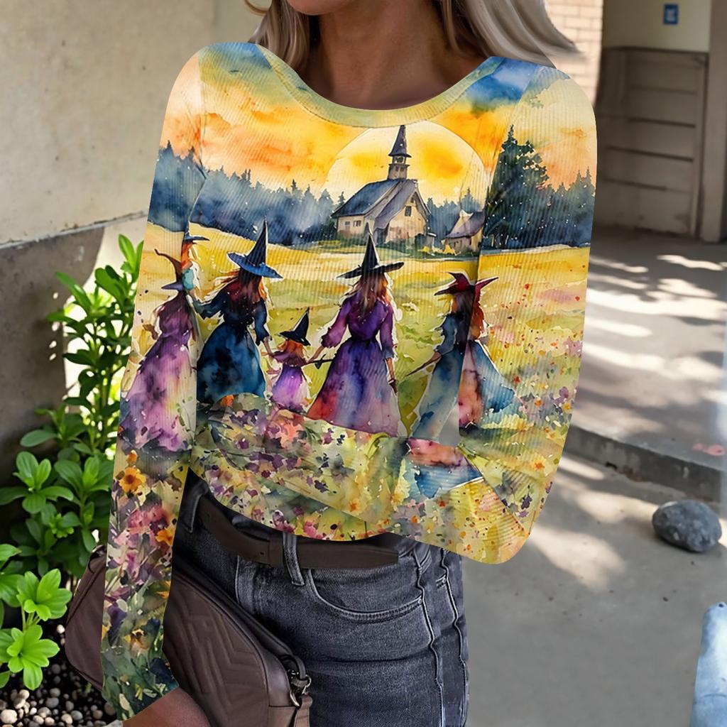 Women's Halloween Printed Round Neck Slim Fit Long Sleeve -Shirt