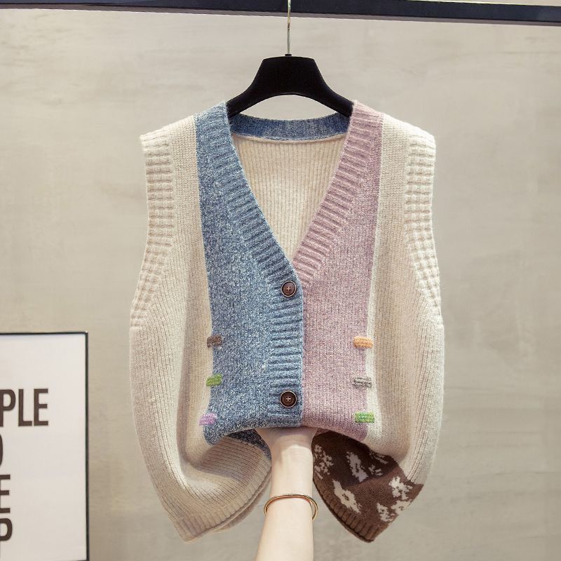 Damen Strickweste V-Ausschnitt Vintage Oberbekleidung Mode Ärmellose Weste Lässig Jugendliche Kleidung Knopf Damenpullover