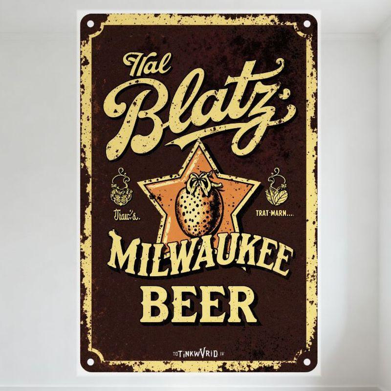 

Vintage Milwaukee Beer Metal Tin Sign with Strawberry Star, Dark Brown Background & Yellow Border, Retro Distressed Man Cave Hom 20x30cm（7.8x11.8inch）