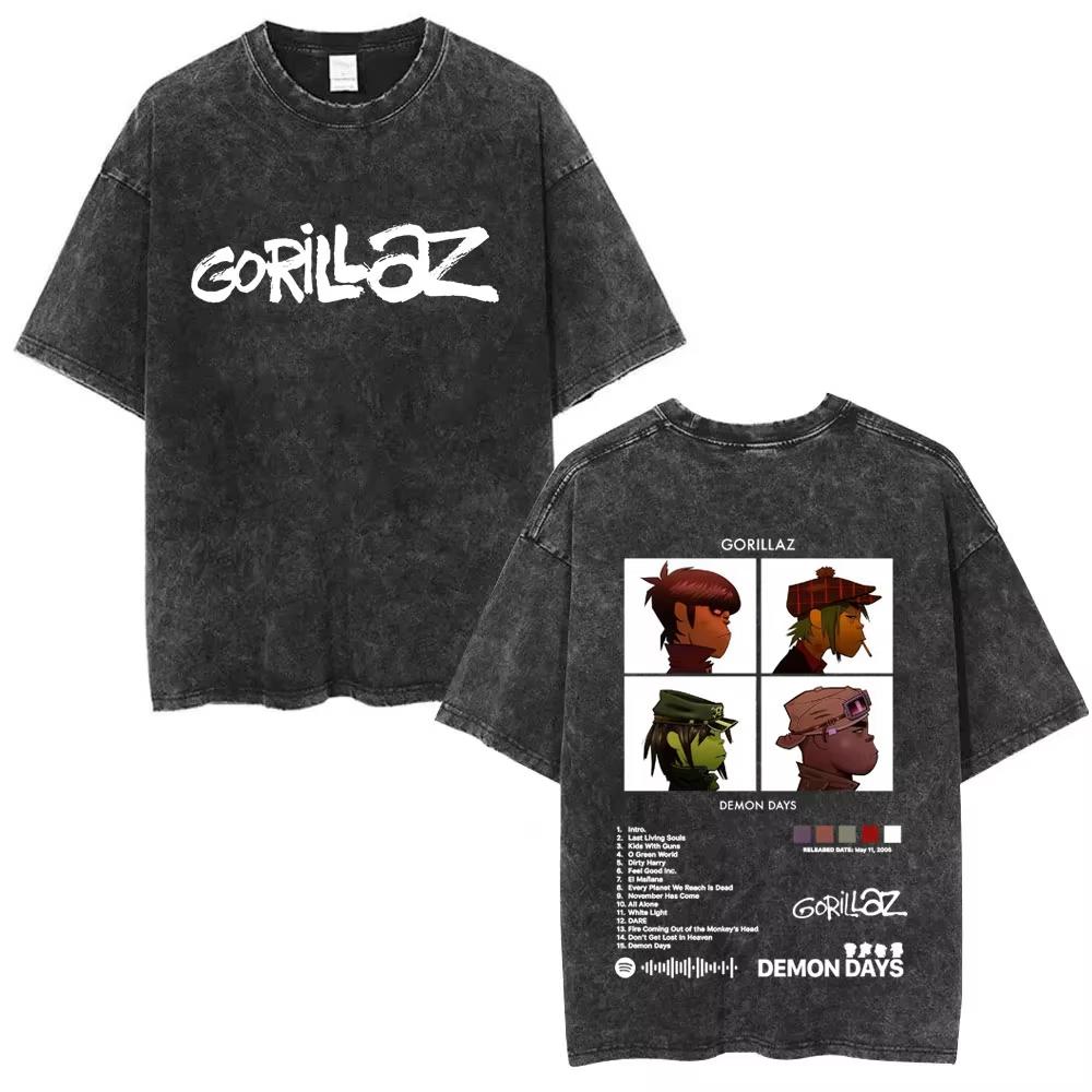 Washed Vintage Rock Band Gorillaz Album Graphic T-shirt Men's Women Hip Hop Fashion Oversized T Shirts Male Cotton Streetwear