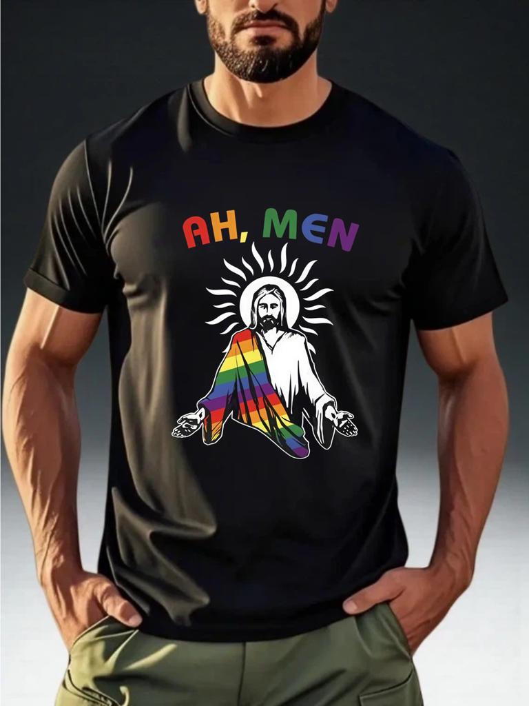 Men'S Short-Sleeved T-Shirt with Rainbow Element Image + Pun Slogan Print
