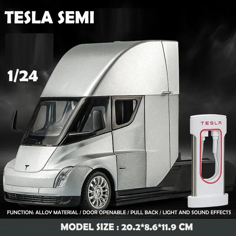 

Металлический литой модель грузовика Tesla Semi в масштабе 1/24, модель прицепа, коллекционная модель автомобиля со звуком и светом, игрушка в подарок для мальчиков C325 серебряный