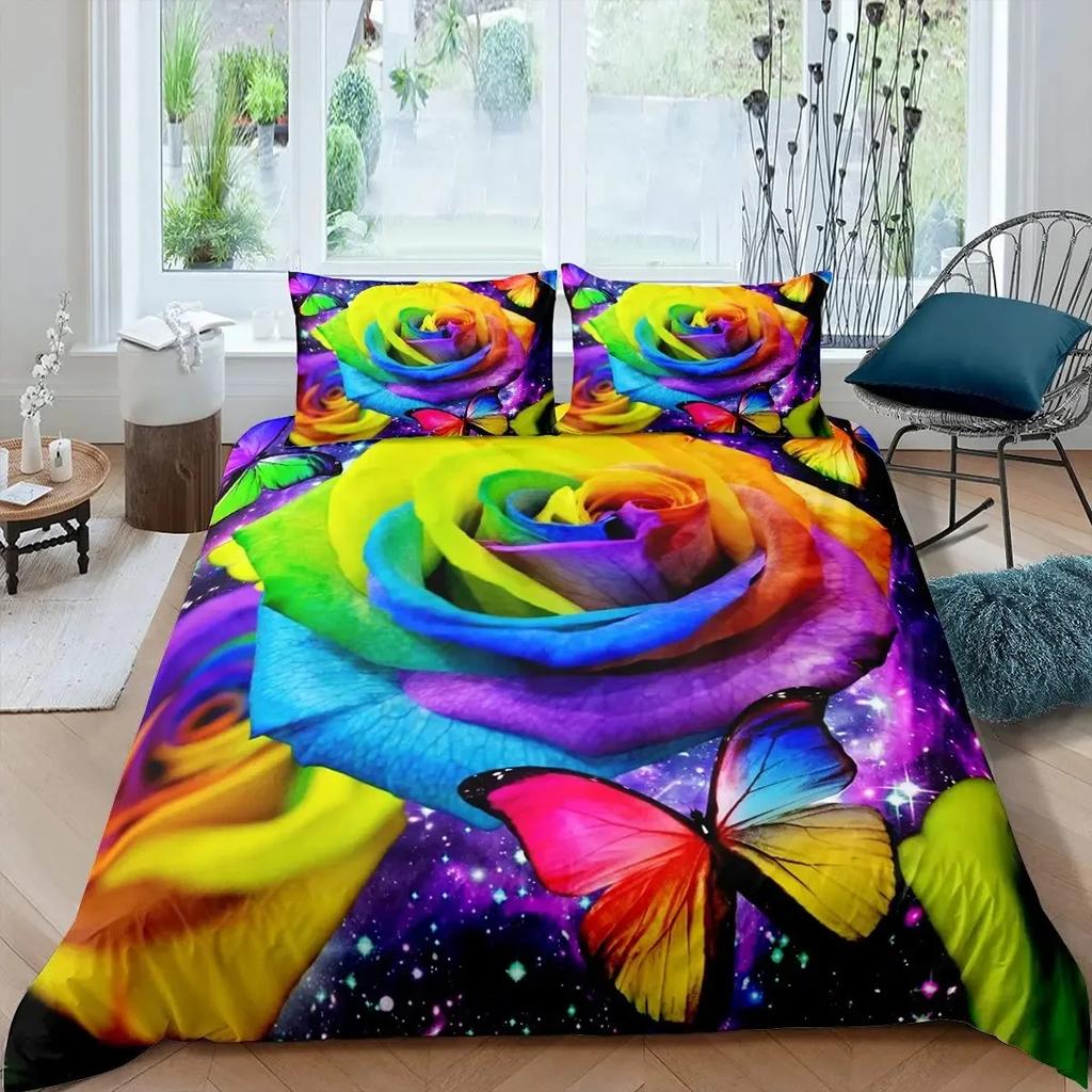 Girls Rainbow Rose Duvet Cover Set Colorful Rose Floral Bright Flowers Petal Comforter Cover Garden Fresh Bedding Sets Full Size