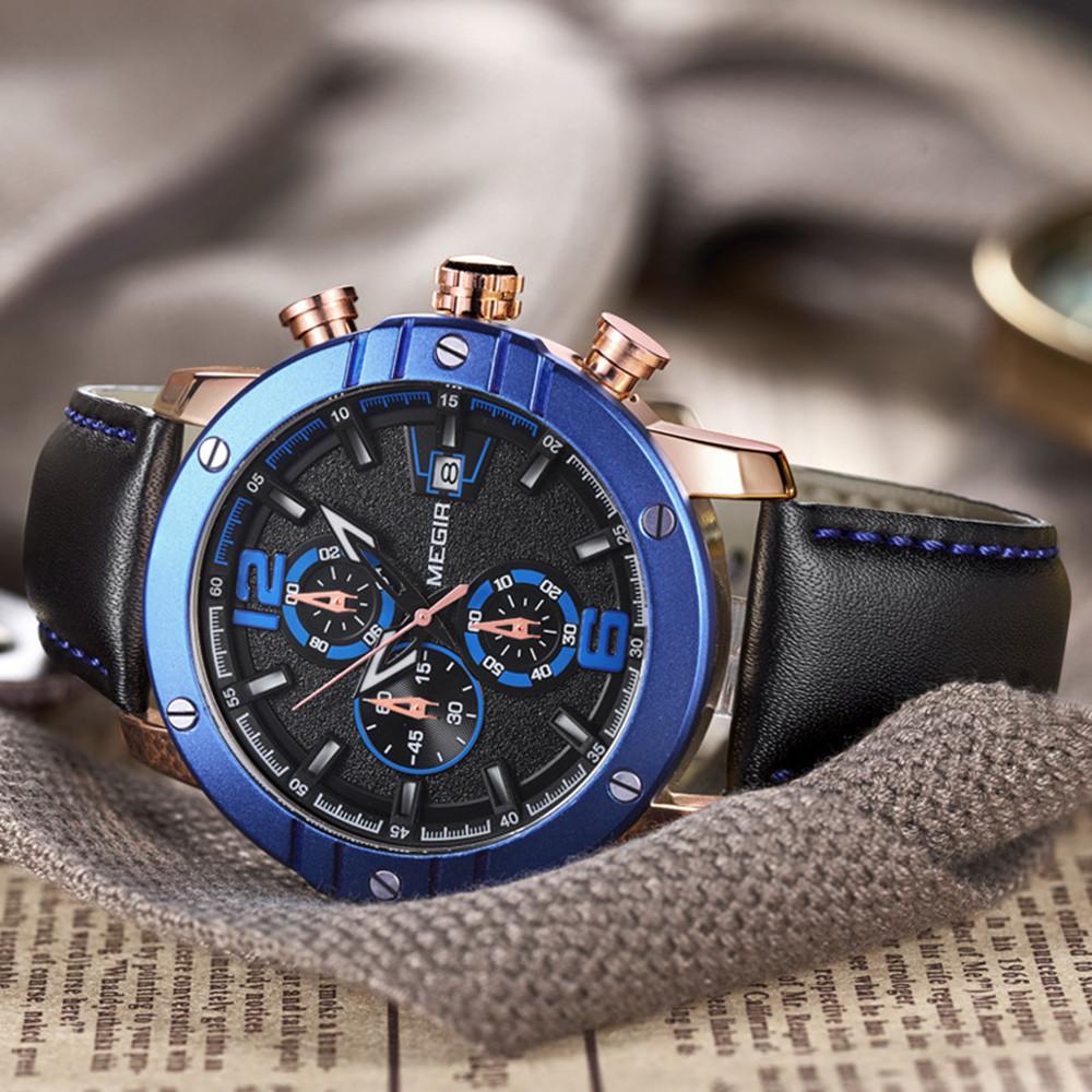 Megir Fashion Men's Quartz Watch Chronograph Luxury Business Casual Wristwatch Leather Strap Male Military Sports Watches 2046
