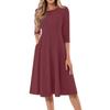 Women's Casual Fashion Round Neck Three Quarter Sleeve Solid Color Midi Dress