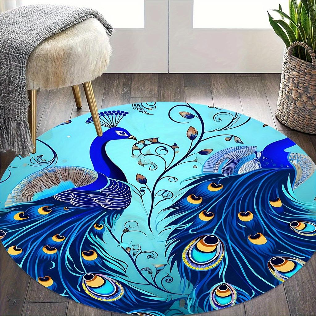Crystal Velvet carpetLuxurious Blue Peacock Round Doormat - Soft Flannel with Non-Slip Rubber Backing, Hand Wash Only, Vibrant T