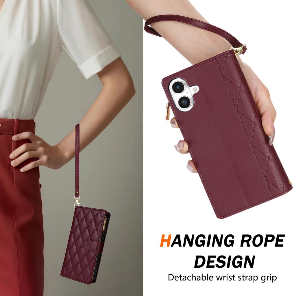 For iPhone 17 Case Rhombus Stitching Leather Wallet Phone Cover with Long/Short Strap