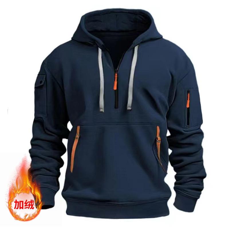 Autumn Winter Pullover Men's Casual Multi Zipper Arm Pocket Hoodie Pullover Plus Fleece Hoodie Men's