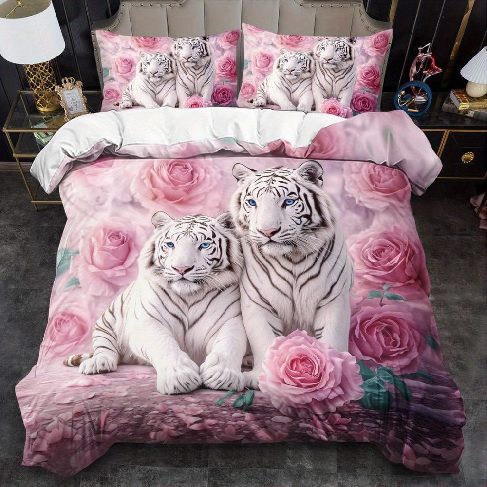 

3pcs Pink Bedding Set Rose Flowers Tiger 3D Printed Cozy Soft Duvet Cover King Queen Twin Size Birthday Gift Adult Bedroom Decor EU Single 135x200cm
