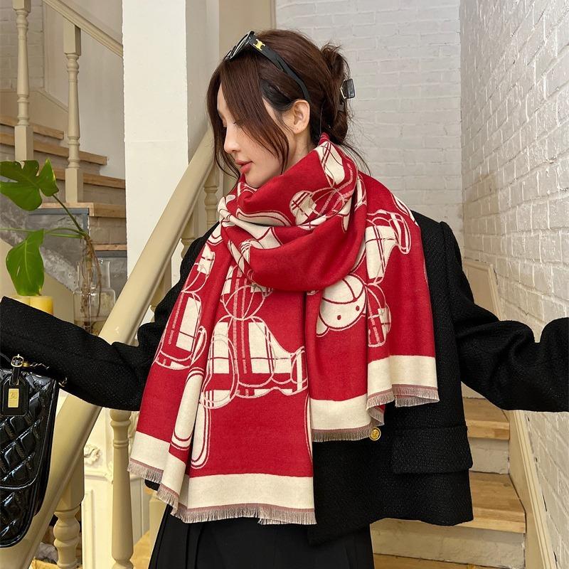 Cartoon bear imitation cashmere scarf women's fashion thickened warm scarf autumn and winter windproof outer shawl women