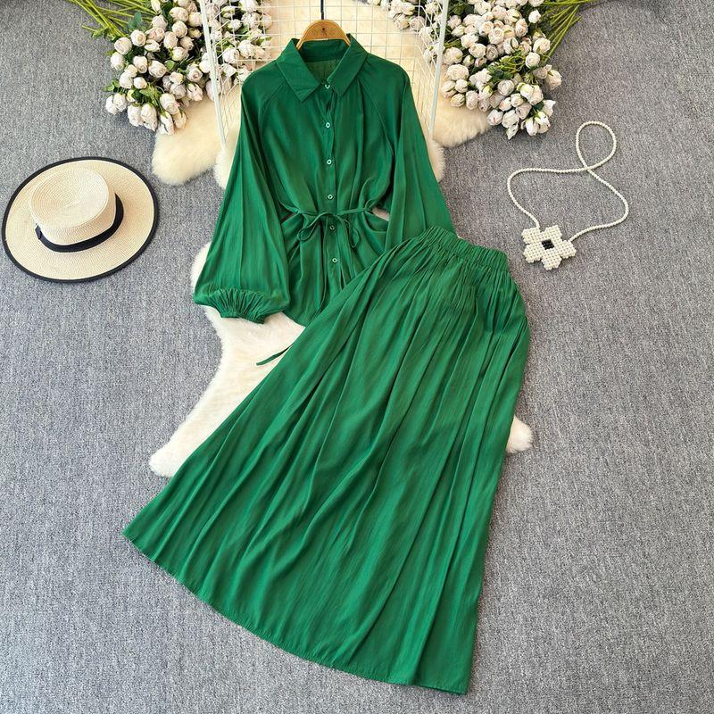 

Fashion Suit Ladies Wear Suit Female Shoelace Cinched Slimming Pullover High Waist Big Hem Skirt Two-piece Set Dark green M